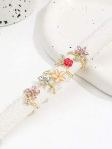4pcs/Set Lovely Pink Rose Flower Adjustable Rings, Faux Pearl Diamond Decor Five-Petal Floral Ring Set For Women - Multicolor - View 2