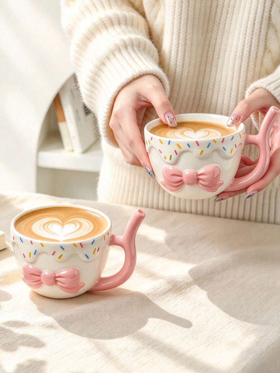 1pc Creative Embossed Bow Mug, Coffee Cup, Straw Handle Design, Ceramic Straw Cup, Cola Cup, Cold Drink Cup, Breakfast Soy Milk Cup, Hand Wash Only, Reusable, Ideal Gift