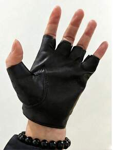 2 Buah Ukuran Sama/Set, Sarung Tangan Setengah Jari Hitam untuk Pertunjukan, Sarung Tangan Pria, Sarung Tangan Tari Tanpa Jari Gaya Punk, Cocok untuk Olahraga Luar Ruangan dan Pemakaian Sehari-hari, Halloween, Natal - Hitam - View 2