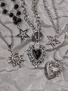 5pcs Gothic Cool Metal Black Oil Drip Hollow Heart Rhinestone Star Spiral Sun Pendant Layered Necklace Set For Men Dark Street Style Daily Wear - Silver - View 3