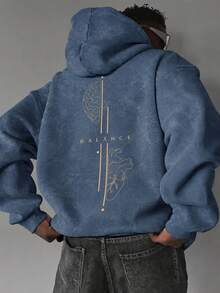 Men's Loose Drop Shoulder Distressed Washed Hoodie Sweatshirt, Autumn/Winter Brain & Heart Line Print Vintage Kangaroo Pocket Pullover - Baby Blue - View 5