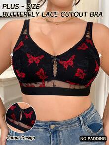 1pc Romantic Dual-Color Butterfly Lace Hollow Mesh Wire-Free Plus Size Bra, Soft & Comfortable, Suitable For Daily Wear - Black - View 1