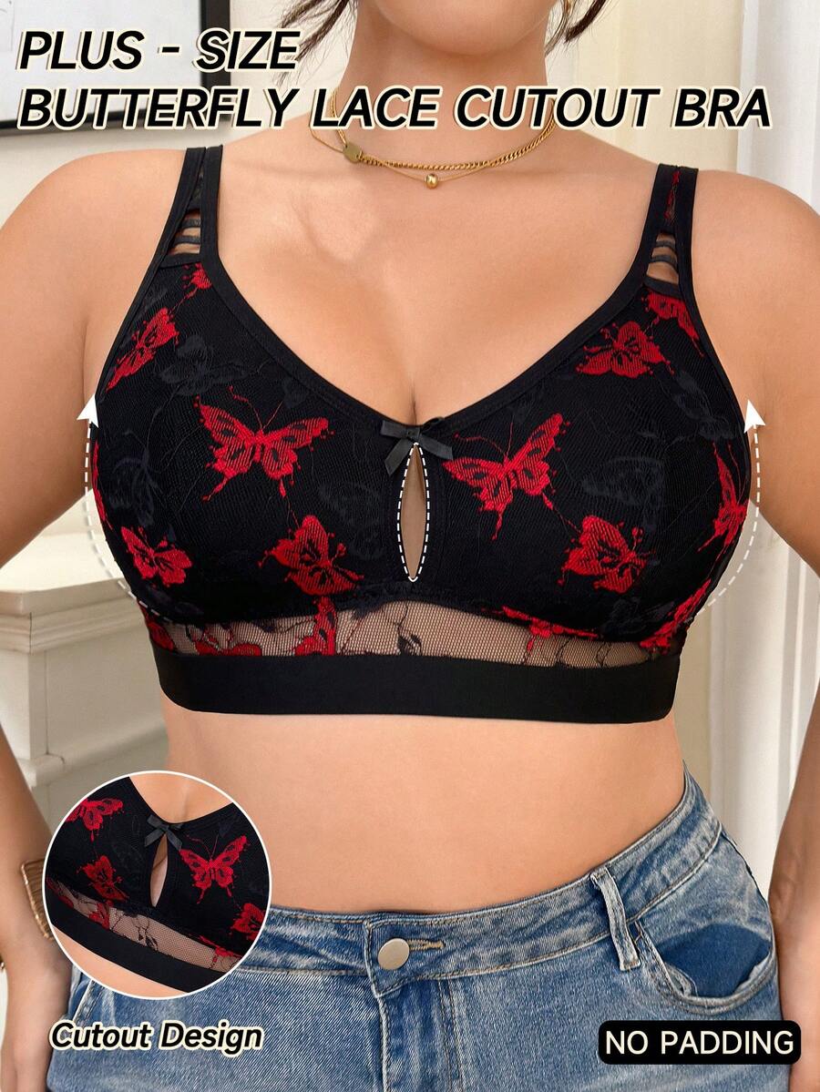 1pc Romantic Dual-Color Butterfly Lace Hollow Mesh Wire-Free Plus Size Bra, Soft & Comfortable, Suitable For Daily Wear - Black - View 1