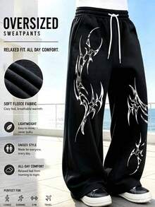 Y2K Gothic Print Flare Sweatpants Men's Elastic Drawstring Wide Leg Bootcut Streetwear Black Casual Long Pants - Black - View 2