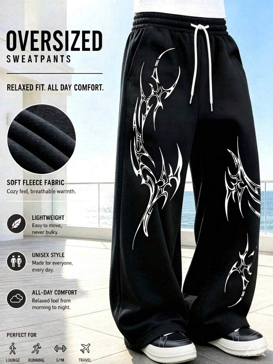 Y2K Gothic Print Flare Sweatpants Men's Elastic Drawstring Wide Leg Bootcut Streetwear Black Casual Long Pants
