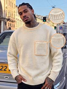 BLACKTOEXIT Men's Round Neck Sweater Casual Loose Minimalist Korean Style Knit Pullover Autumn/Winter - Apricot - View 2