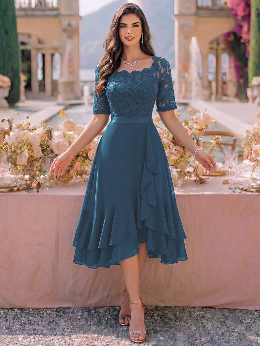 MIUSOL Boat Neck Floral Lace Patchwork Ruffle Hem Cocktail Party Dress Wedding Spring