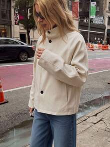 Contrast Color Lapel Double-Breasted Women's Loose Long Sleeve Solid Color Street Style Coat - Apricot - View 3