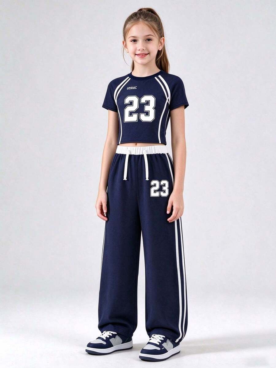 少女数字印花不对称肩部短袖上衣和裤子套装 - 寶藍色 - 查看 1