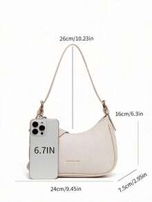 New Fashion Versatile Letter Pattern Decor Design Solid Color PU Fabric Shoulder Bag Moon Bag, Suitable For Shopping, Y2K Shoulder Underarm Bag, Hot Girl Bag - Beige - View 6