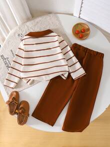 2pcs/Set Girls Toddler Casual Minimalist Striped Cherry Print Lapel Long Sleeve Top And Casual Long Pants Set, Spring/Autumn - Brown - View 3