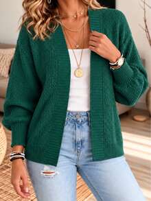 Women's Plus Size Green Knitted Loose Fit Cardigan With Drop Shoulder Long Sleeves, Rib-Knit Details, Regular Length, Perfect For Fall & Winter - Dark Green - View 4