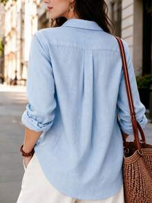 Women's Button-Front Long Sleeve Lightweight Breathable Shirt, Casual Loose Fit Collar Summer Top - Light Wash - View 2