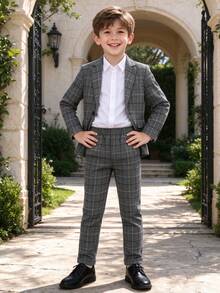 YOKLUN 2pcs Young Boy Plaid Suit Set Jacket + Pants Suitable For Stage Performance, Wedding Page Boy, Birthday Ceremony - Grey - View 2