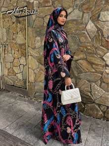 Hafizah Printed Cardigan Headscarf Outerwear Long Robe Chain Print Fashion Women's Long Robe Black Vacation Fall - Black - View 2