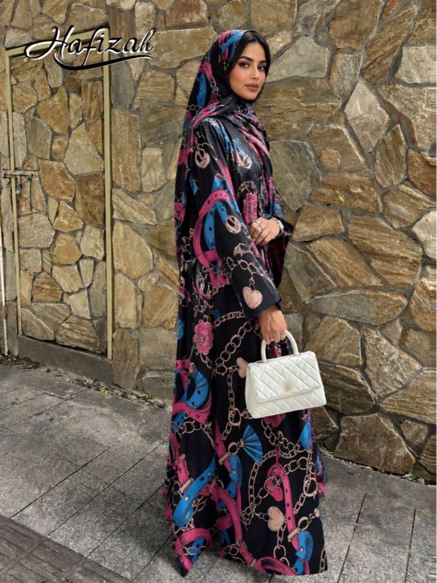 Hafizah Printed Cardigan Headscarf Outerwear Long Robe Chain Print Fashion Women's Long Robe Black Vacation Fall