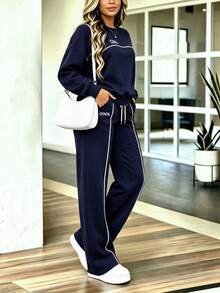 Women Autumn Casual Sports Contrast Striped Side Long Sleeve T-Shirt And Loose Wide Leg Pants Set,Back To School - Navy - View 5