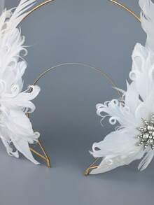 White Feather Double Gold Halo Headband, Sparkling Rhinestone Star Bridal Hair Accessory, Elegant Wedding Headband For Women, Suitable For Party, Ball, Pageant - White - View 8