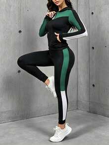 Áo khoác cardigan nữ trùm đầu kéo khóa phối màu trơn, có túi và tay dài, bộ đồ dệt kim thể thao yoga thời trang - Nhiều màu - Xem 4