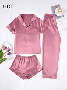 Set de pijama de 3 piezas para mujer de unicolor con ribete de contraste en seda sintética - Color caoba - Ver 1