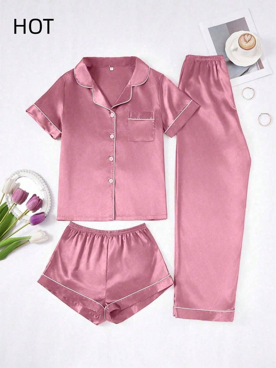 Set de pijama de 3 piezas para mujer de unicolor con ribete de contraste en seda sintética - Color caoba - Ver 1