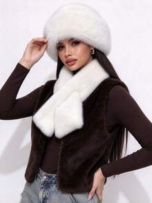 2pcs/Set Women's Solid Color Warm Scarf + Hat Set, Thickened Fleece Earflap Hat And Cross-Neck Scarf For Autumn/Winter - Multicolor - View 7