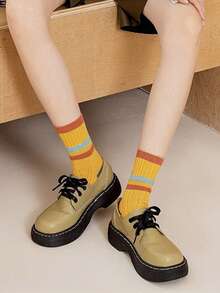5 Pairs Random Style Women's Vintage Color Block Striped Mid-Calf Socks, Soft Comfortable Warm Casual Socks, Suitable For Autumn/Winter - Multicolor - View 6