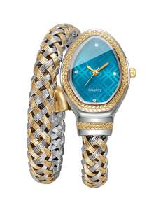 Women's Luxury Rhinestone Snake-Shaped Bracelet Watch, Woven Metal Double-Loop Band With Rhinestone Plaid Dial, Niche Fashion Quartz Wristwatch (1pc/Set), Watch Box Not Included - Multicolor - View 8