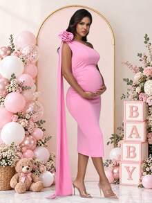 JustVH Maternity Floral Applique One-Shoulder Midi Dress With Flowing Sleeves, Suitable For Baby Shower Party - Baby Pink - View 1