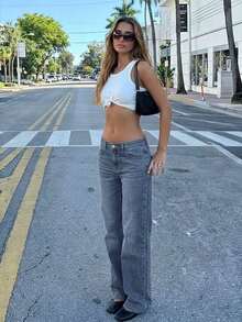GILIPUR Y2K Women's Straight Leg Jeans, High Waisted Blue Washed Retro Loose Pants, Casual. Versatile Bottoms, Street Style Spring - Dark Wash - View 1