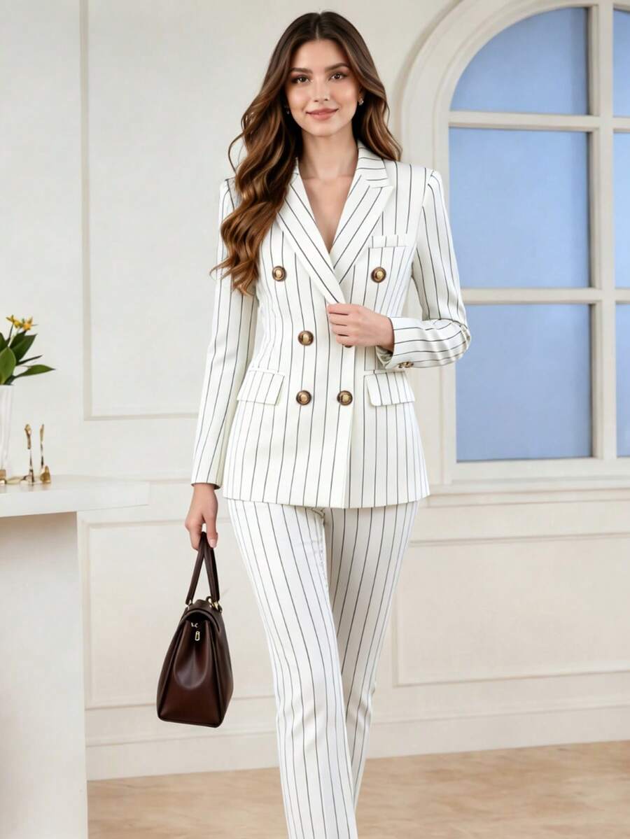 HOMEYEE Striped Suit Set, Double-Breasted Casual Business Suit Jacket And Slim Fit Pants, Versatile Style Fall White - White - View 1