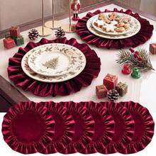 1pc/1set, Green, Red, High-Quality Velvet Christmas Placemat, Unique Pleated Lace Design, 40cm Diameter Round Table Decor Mat, Christmas Home Decoration, Suitable For Parties, Gatherings, Family Dinners - Multicolor - View 1