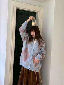 Soft, Gentle Blue Knit Cardigan Sweater For Women, New Arrival Diamond Pattern Vintage Loose Outerwear - Blue - View 5