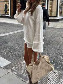 Women's Comfortable White One-Shoulder Fluffy Knit Top And Shorts Set, Suitable For Spring And Autumn, Casual Loungewear Outfit Fall - White - View 3