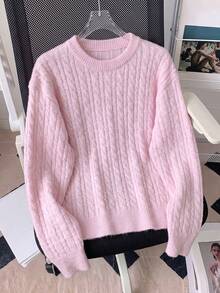 Women's Pink Cable Knit Pullover Sweater, Winter Fashion Long Sleeve Regular Fit Knitwear - Pink - View 4
