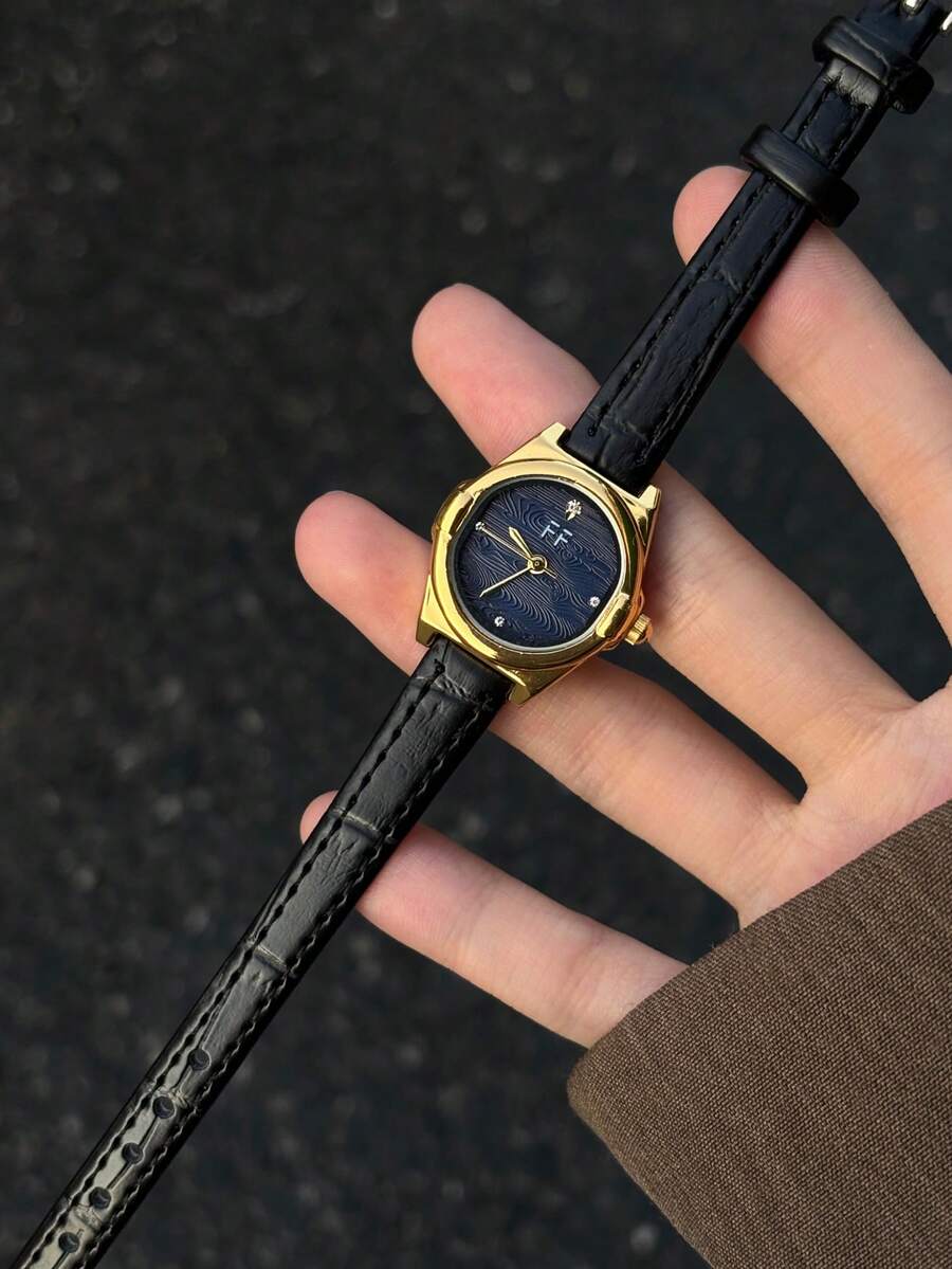 FF 1PC Women Sophisticated Quartz Watch With Black Strap Gold Round Case Dark Navy Wood Grain Dial And Crystal Markers For Office Travel - Black - View 1