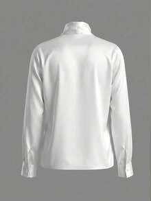Elegant Satin Bowknot Blouse For Women, V-Neck Tie Long Sleeve Shirt, Smooth Drape With Luxury Texture, Suitable For Commute And Date, Minimalist Solid Color Versatile Slimming Top, French Chic All-Match Style - White - View 9