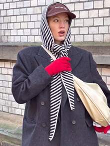 1pc Women's Knitted Red Striped Scarf, Autumn/Winter Outdoor Hooded Scarf, Warm & Windproof Balaclava Hat Scarf Set - Black and White - View 5