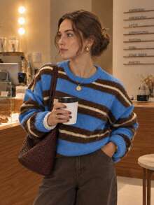 Women's Striped Crew Neck Knit Sweater, Loose Fit Pullover Top, Suitable For Daily Commute And Street Casual Wear - Blue - View 2