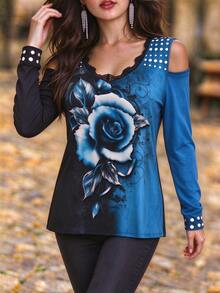 Women's Autumn Fashion Elegant Blue & Black Contrast Rose Print Cold Shoulder Long Sleeve T-Shirt, Lace V-Neck Polka Dot Decor Slim Fit Top - Blue - View 4