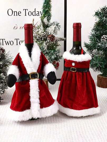 1pc Christmas Wine Bottle Cover, Santa Claus Costume Wine Bottle Sweater Set, Red Plush Trim Wine Bottle Dress Coat With Sleeves, Christmas Table Decor, Holiday Dinner Party Theme Party Decoration, Christmas Decoration