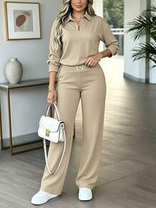 Women's Spring/Autumn Casual 2 Pieces Set, New Fashion Solid Long Sleeve Top With Heart Brand Print Pants, Spring Break Outfit - Apricot - View 2
