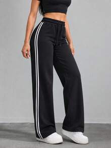 Women Black Wide Leg Pants With Drawstring Elastic Waist And Double Side Stripes Casual Full Length Trousers For Daily Wear - Black - View 7