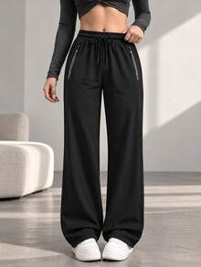 Women Black Wide Leg Sweatpants Zipper Pockets Drawstring Elastic High Waist Loose Fit Casual Athletic Lounge Pants - Black - View 4