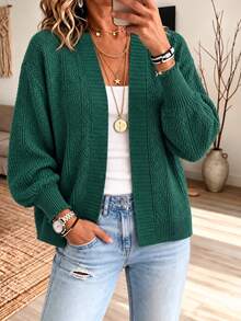 Women's Plus Size Green Knitted Loose Fit Cardigan With Drop Shoulder Long Sleeves, Rib-Knit Details, Regular Length, Perfect For Fall & Winter - Dark Green - View 1