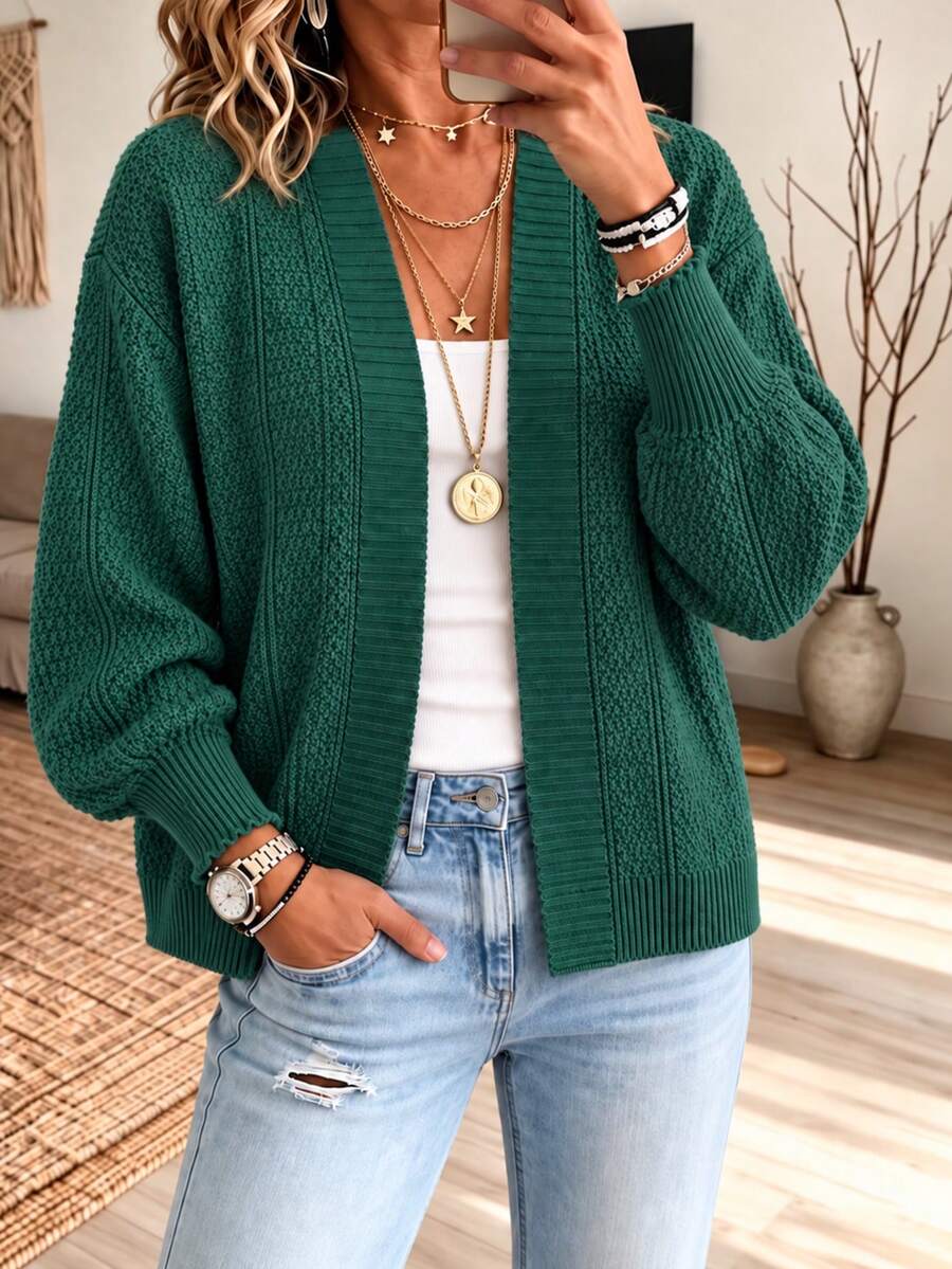 Women's Plus Size Green Knitted Loose Fit Cardigan With Drop Shoulder Long Sleeves, Rib-Knit Details, Regular Length, Perfect For Fall & Winter - Dark Green - View 1