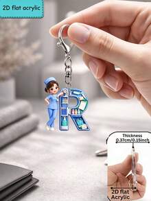 [2D Flat] Acrylic Keychain, Nurse Letter Keychain, Novelty Keychain, 26 Letters, Nurse, Blue Nurse Uniform, Keychain Accessory, Fashion Accessory - Multicolor - View 13