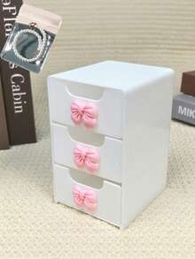 3/1pc Cute Bowknot Decor 3-Drawer Desktop Storage Box, White Plastic Cosmetic And Small Accessory Organizer - Multicolor - View 4