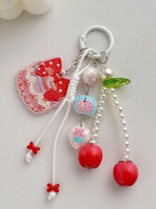 1pc Apple Bow Keychain, Pearl Beaded Heart Cherry Cake Charm, Sweet Style Bag Pendant - Multicolor - View 1