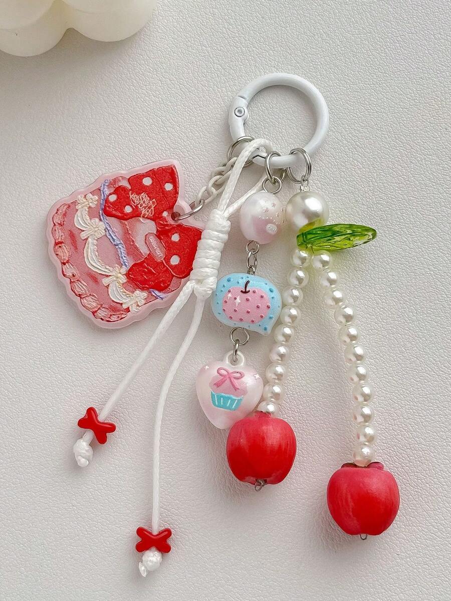 1pc Apple Bow Keychain, Pearl Beaded Heart Cherry Cake Charm, Sweet Style Bag Pendant - Multicolor - View 1